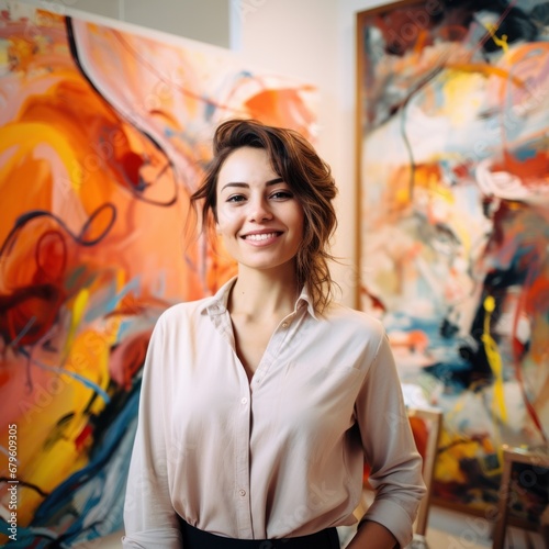 Female artist standing confidently in her studio filled with colorful abstract paintings and an artful aura