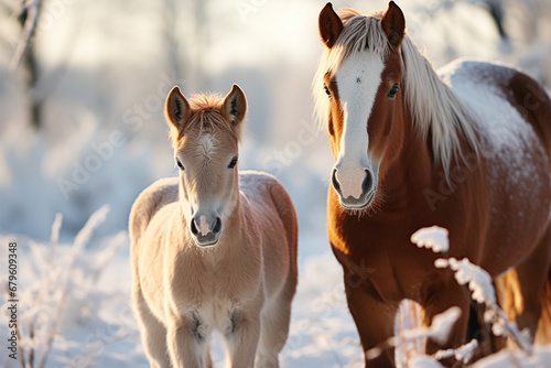 mother horse and her calf in the snow