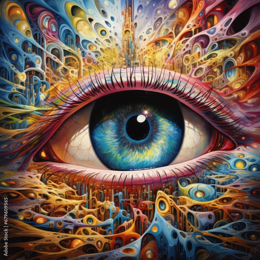 An eye with a psychedelic, mechanical appearance, featuring intricate details and a futuristic vibe