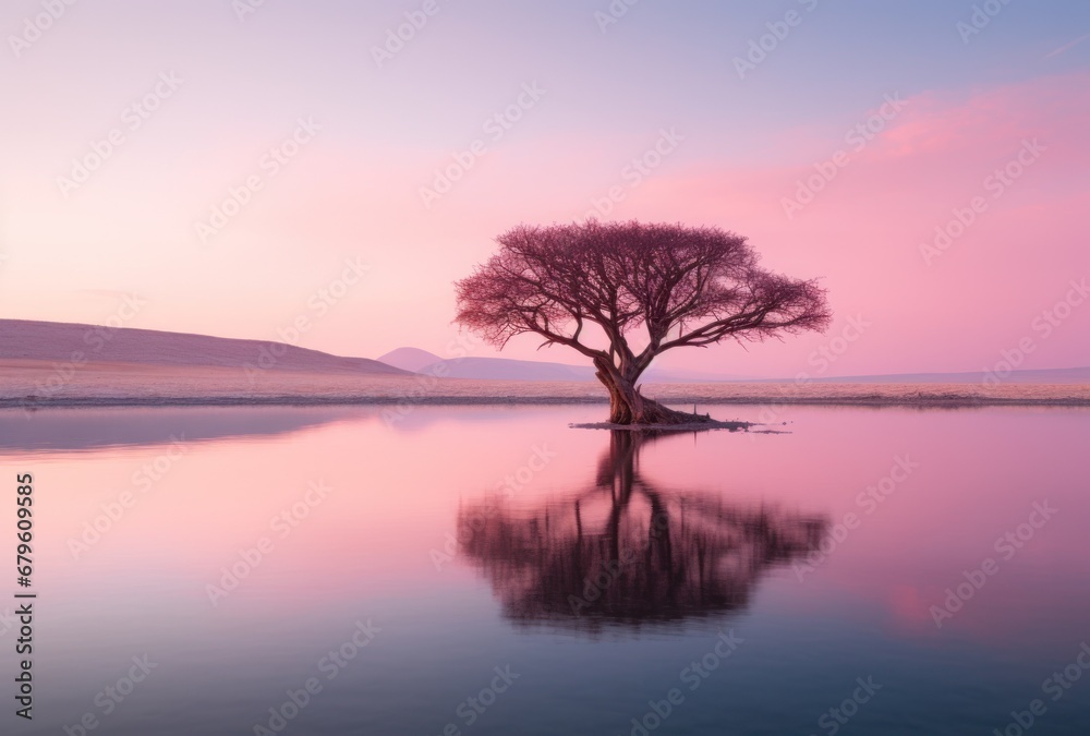 A single, leafless tree stands reflected in water against a serene pink dawn sky A single, leafless tree stands reflected in water against a serene pink dawn sky