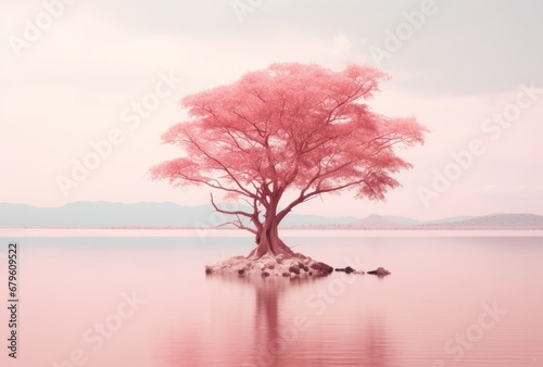 Tranquil scene of a cherry blossom tree on a small island, displayed in soft pink hues with a calm lake © mockupzord