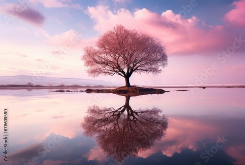 A lone tree with intricate branches mirrored on a smooth water surface under a colorful dawn sky
