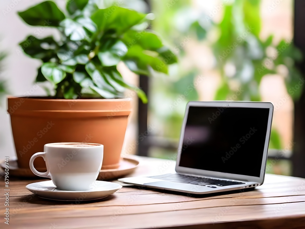 cup of coffee and laptop on the table cup of coffee and laptop on the table