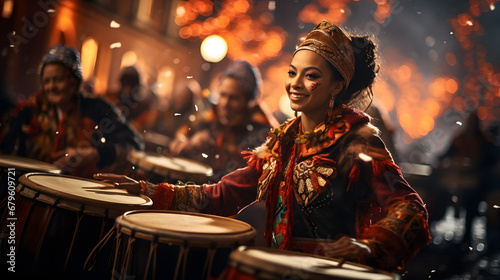 A dynamic image of drummers in traditional attire performing at a New Year parade, conveying the rhythm and energy of the celebration.
