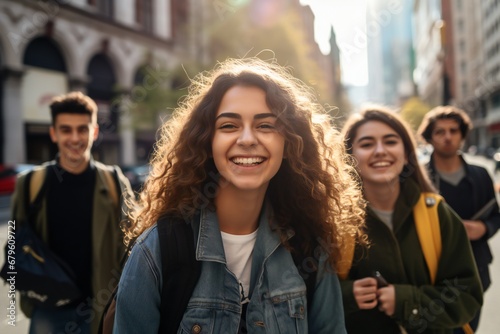 Joyful millennials commuting in an urban setting, walking together on city streets, embodying youthful energy and ambition