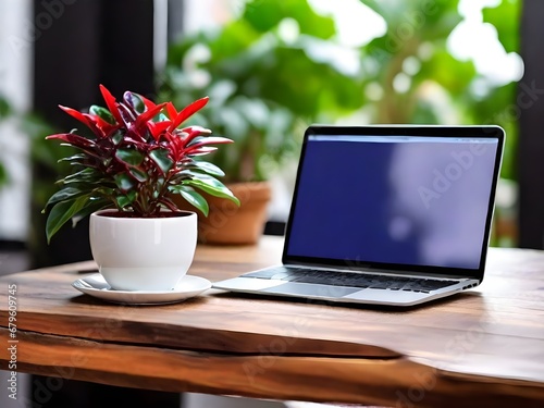 Laptop on the wooden table with plant in white pot