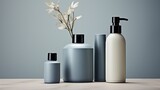 three bottles of cleanser in light indigo and light black hues, the principles of nouveau realism, soft tones, and environmentally conscious design within a modern minimalist style.