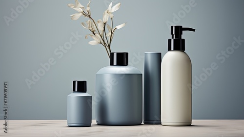 three bottles of cleanser in light indigo and light black hues, the principles of nouveau realism, soft tones, and environmentally conscious design within a modern minimalist style.
