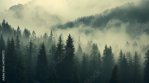 Misty landscape with fir forest in vintage retro style © Sonya
