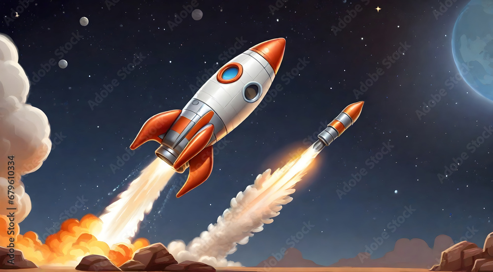 Cute rocket flying through space, ai generative Cute rocket flying through space, ai generative