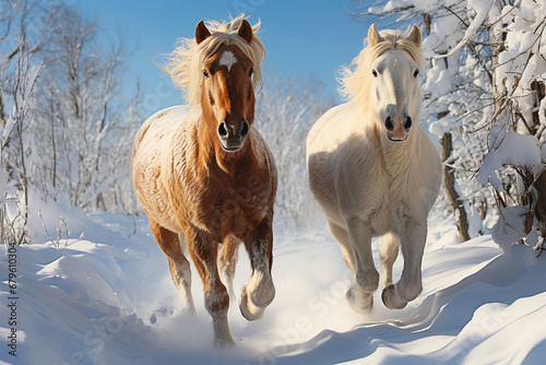 a pair of horses running in the snow