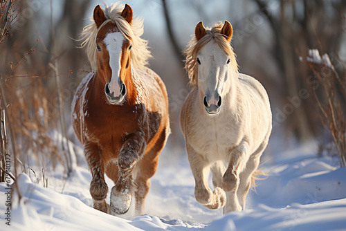 a pair of horses running in the snow