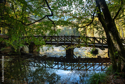Yedigöller or Seven Lakes National Park is in Turkey.
Reflection of a lake with trees and blue sky in autumn colors. Yedigöller, Bolu.
Yedigöller in autumn. Bolu, Türkiye.