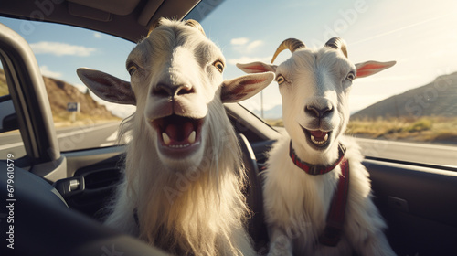 Funny Goats driving with a car.Generative AI photo