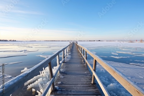 long wooden pier extending out into icy waters