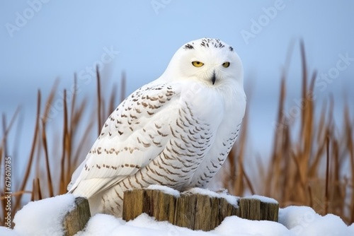 close-up of a snowy owl perched on a snow-covered cedar