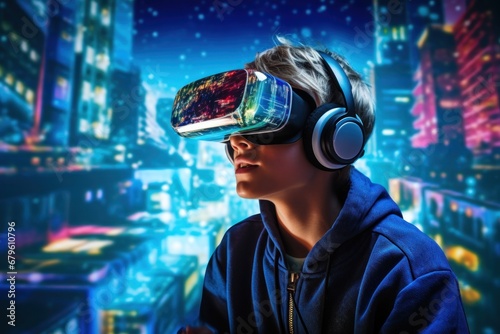 a teenager in virtual glasses and headphones in virtual reality city megapolis. new technologies