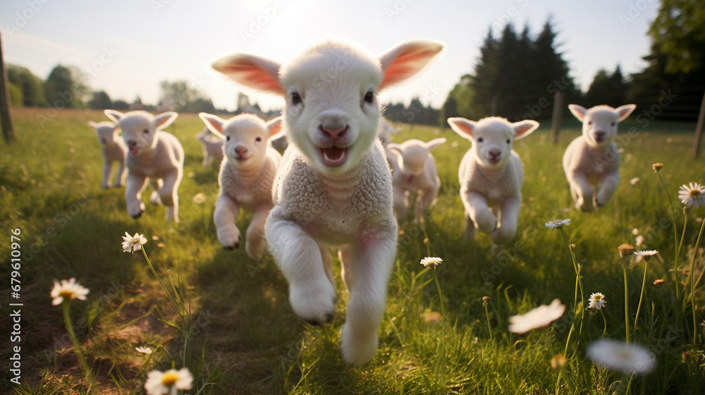 happy lambs run in the meadows.Generative AI - obrazy, fototapety, plakaty 