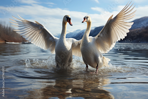 a pair of swans flying over the water photo