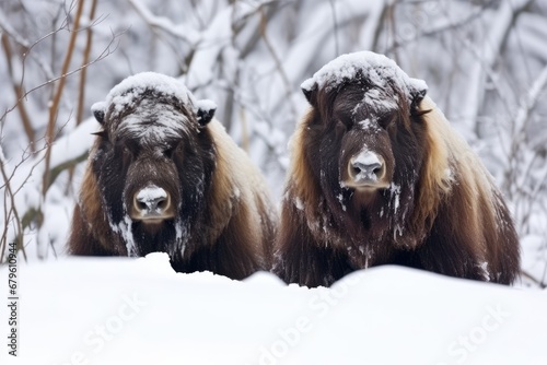 musk oxen standing guard in snow