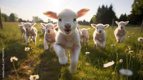 happy lambs run in the meadows.Generative AI photo