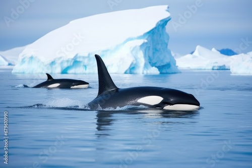 killer whale surfacing among icebergs