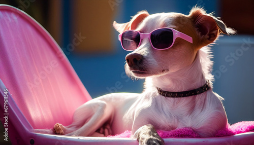 chihuahua mit rosa Sonnenbrille im Wellness Wellnessbereich zur Entspannung Luxus Erholung pur Urlaub Sommerurlaub Reiseveranstalter buchen Lifestyle Spa Bereich lustige Tiere Generative AI  © Imagecreator