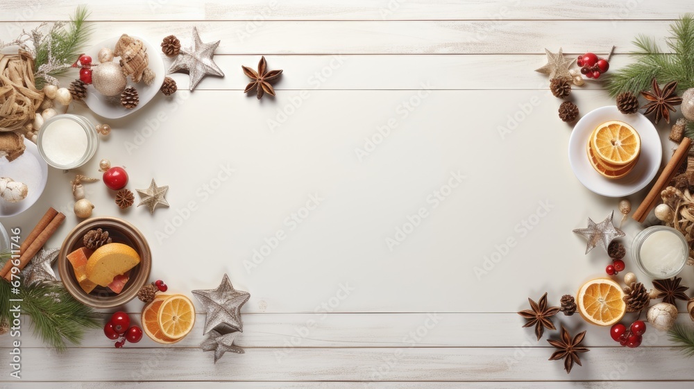 a white wooden table, adorned with New Year's attributes, the holiday spirit with carefully arranged decorations and elements that evoke the joy of the season.