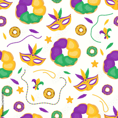 Mardi Gras carnival seamless pattern. Festive King Cake and donuts with colorful icing, beads, necklaces, mask and feathers on white background. Vector illustrations in cartoon style.