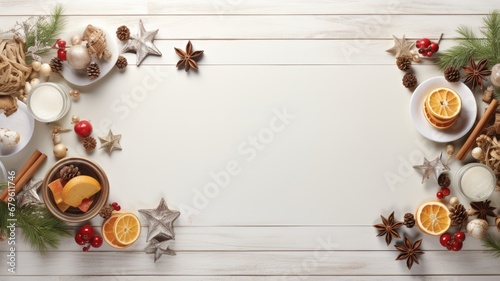 a white wooden table, adorned with New Year's attributes, the holiday spirit with carefully arranged decorations and elements that evoke the joy of the season.