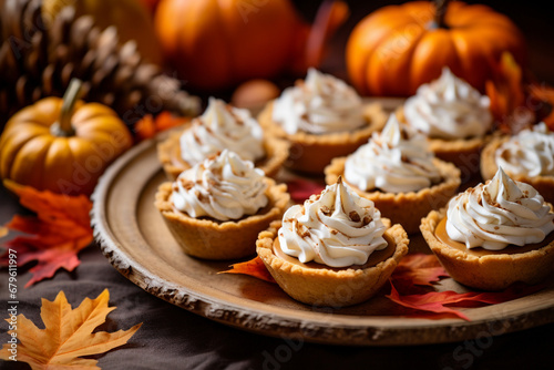 Mini pumpkin pies for Thanksgiving with leaves and pumpkin garnishes and whipped cream