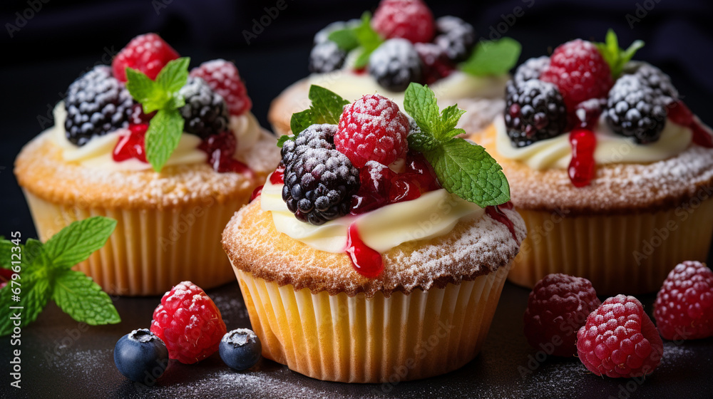 Cupcakes with fruits and berries, close-up.Generative AI