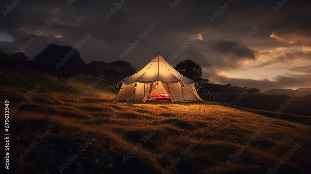 Sunset and wild image of a one tent camping in an amazing outdoors quiet place 