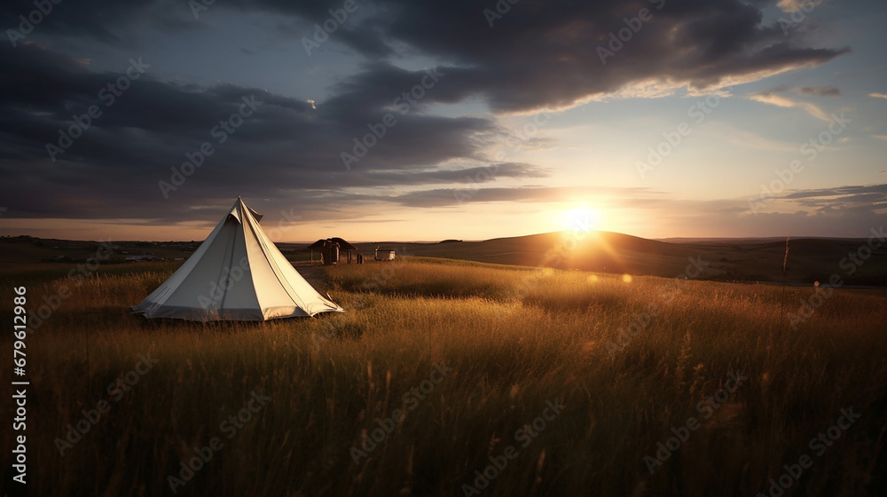 Obraz premium Sunset and wild image of a one tent camping in an amazing outdoors quiet place 