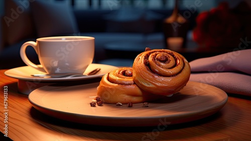 a delicious Cinnabon and a cup of coffee, elegantly placed on the kitchen countertop, the scene against the backdrop of a minimalist interior with modern furniture.