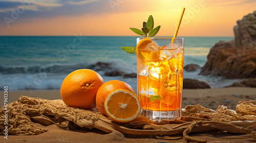 orange cocktail on the background of the sea, the ocean.Generative AI