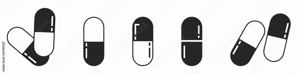 Set of capsule icons. Capsule and pill, medicine symbols. Vector illustration. Set of capsule icons. Capsule and pill, medicine symbols. Vector illustration.