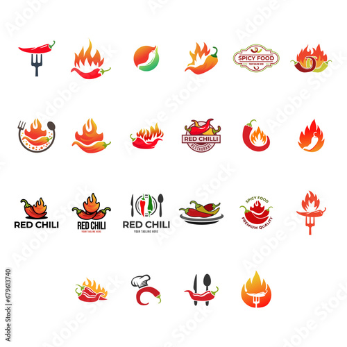 Set of Hot chili logo design concept. Fire chili logo symbol. Spice food illustration