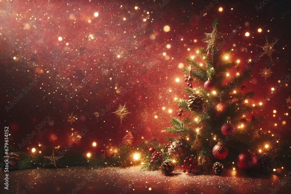 Christmas background with xmas tree and sparkle bokeh lights on red background. Merry christmas card. Winter holiday theme. Happy New Year. Space for text Christmas background with xmas tree and sparkle bokeh lights on red background. Merry christmas card. Winter holiday theme. Happy New Year. Space for text