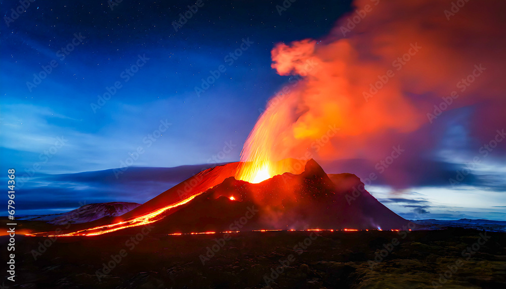 Photo-Illustration of an Erupting Volcano In The North Atlantic Ocean at Night With Lava Pouring downhill towards people