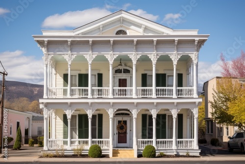 italianate style building with white deep eaves against a clear sky © altitudevisual