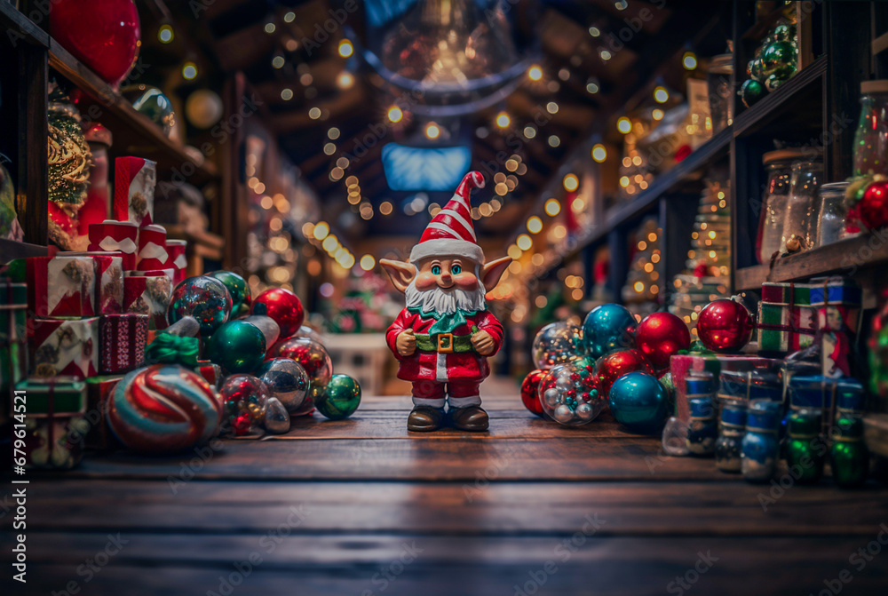 Santa Claus clay little Elf in a Christmas shop. Copy space.
