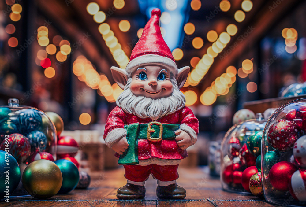 Close up of Santa Claus clay little Elf in a Christmas shop. Bokeh background.