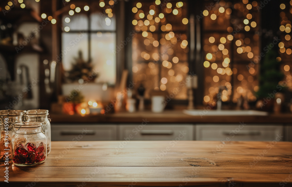 Kitchen decorated with christmas lights. Backdrop, wooden countertop.