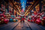 Santa Claus clay little Elf in a Christmas shop. Bokeh background, copy space.
