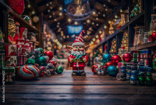 Santa Claus clay little Elf in a Christmas shop. Copy space.
