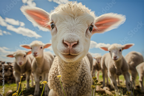 Close up of a little lamb on the meadow looking into camera lens.