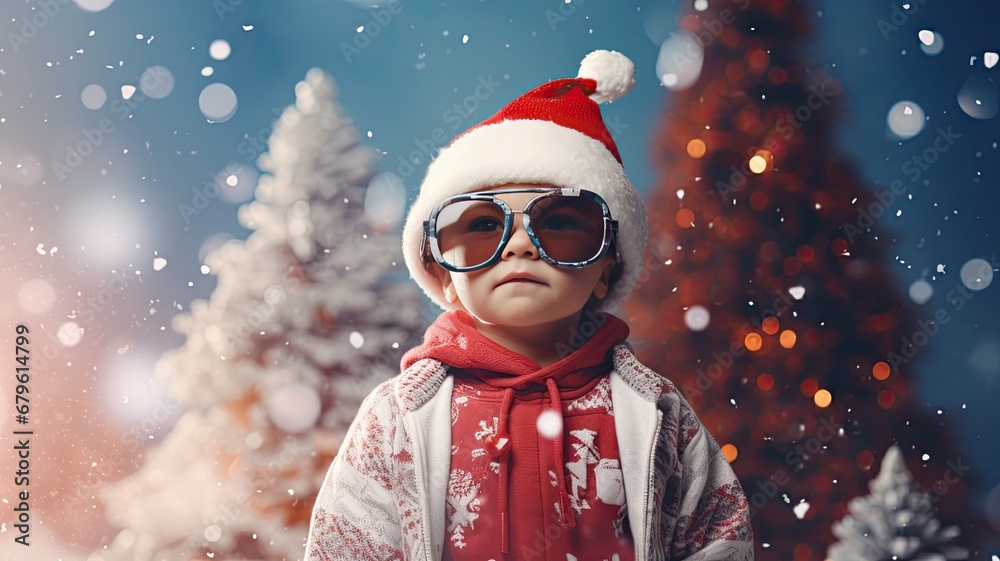 a toddler model wearing sunglasses, a christmas cap, and a children's long-sleeved T-shirt against a cheerful Christmas background a toddler model wearing sunglasses, a christmas cap, and a children's long-sleeved T-shirt against a cheerful Christmas background