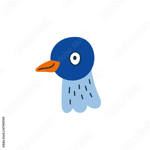 Funny pigeon head doodle vector illustration. Happy blue bird face. City street animal. Character, mascot design. Hand drawn print for kids. White background