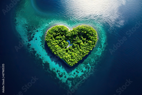 Green heart-shaped island in the middle of the ocean